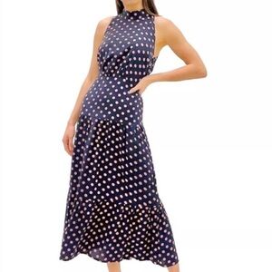 Sam Edelman Dress Blue Pink Polka Dot High Neck Midi NWT 10